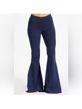 Chatoyant Flare Leg Pants Womens Small Elastic Waist Blue Cotton Blend (KK30)